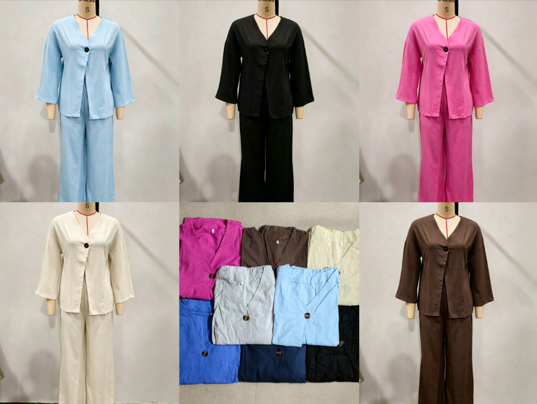 Women's relaxed two-piece linen set with kimono-style oversized jacket and wide palazzo pants Mune Fashion