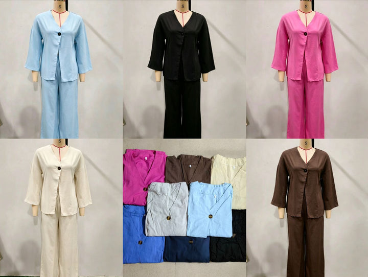 Women nan loose linen look two-piece with kimono blazer and wide palazzo pants Mune Fashion