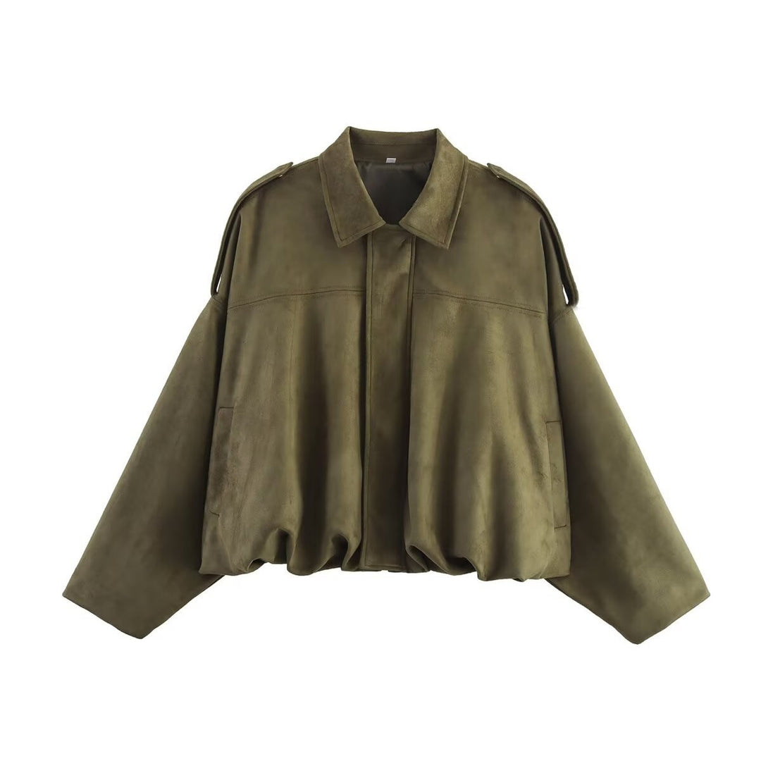 Ladies Oversized Suede Jacket with Shoulder Flaps, Concealed Button Placket and Elastic Hem Mune Fashion