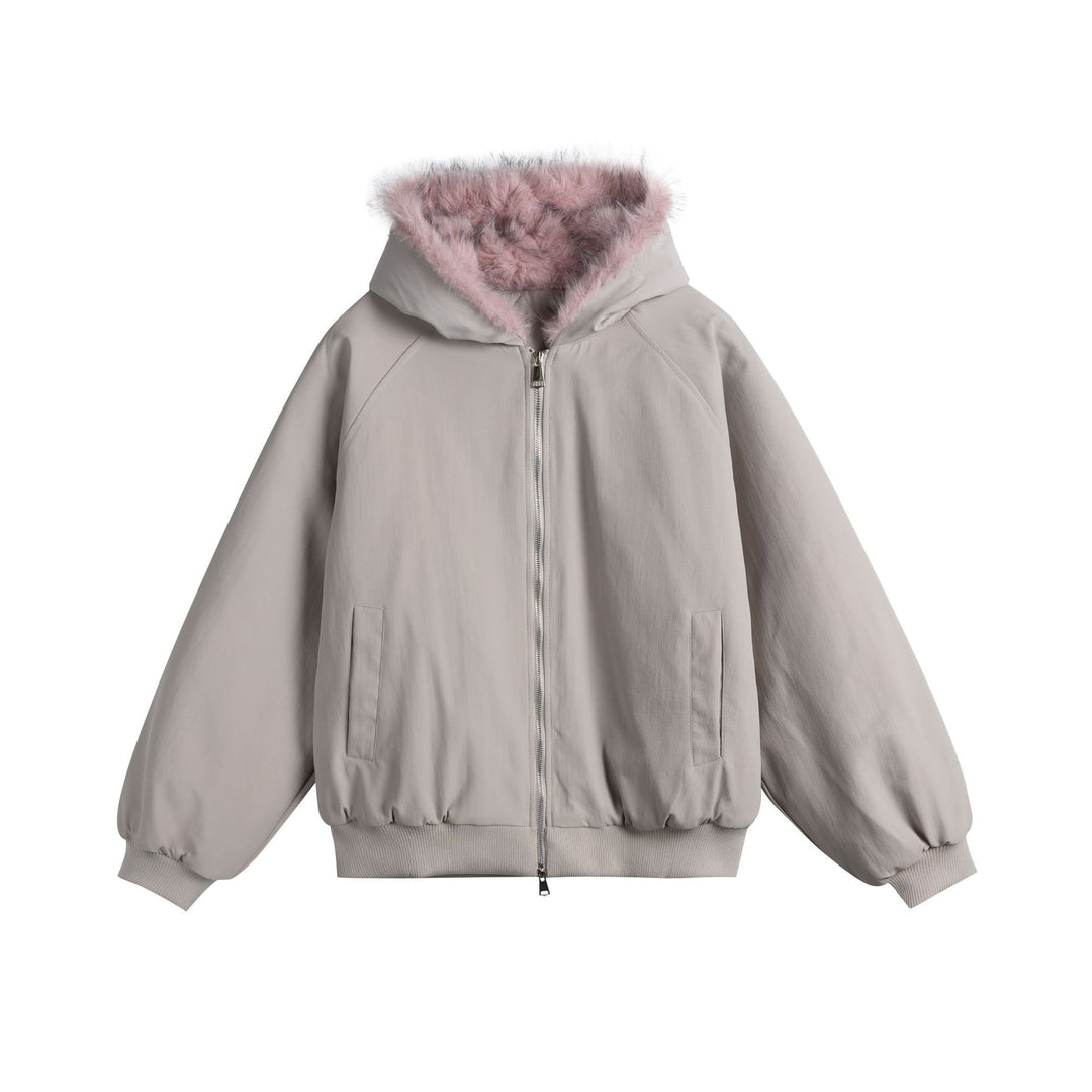 Women Oversized Bomber Jacket with Faux Fur Lined Hood and Raglan Sleeves Mune Fashion