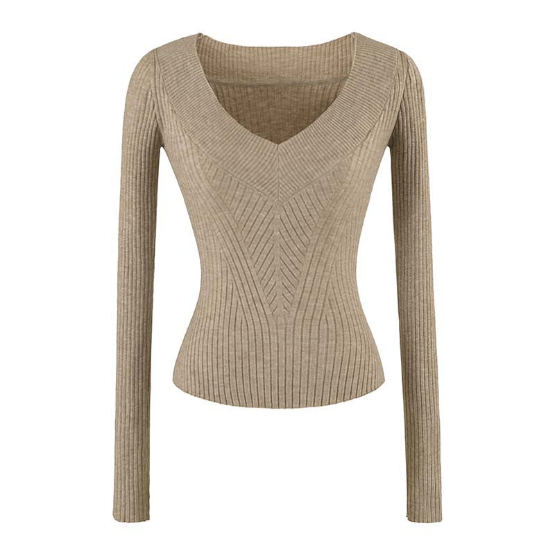 Women's Tailored Ribbed Knit Sweater with V-Neck and Shaping Structure Mune Fashion