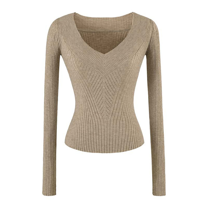 Women's Tailored Ribbed Knit Sweater with V-Neck and Shaping Structure Mune Fashion