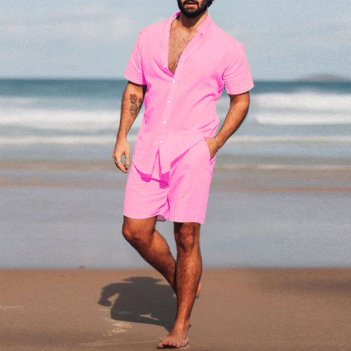 Men's two-piece summer leisure ensemble with open shirt collar and loose knee-length shorts Mune Fashion