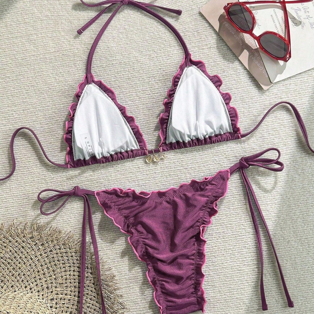 Ladies Triangle Bikini with Ruffle Design and Adjustable Straps Mune Fashion