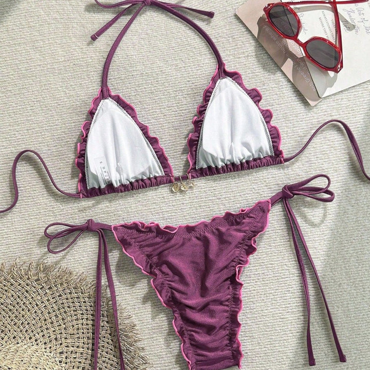 Ladies Triangle Bikini with Ruffle Design and Adjustable Straps Mune Fashion