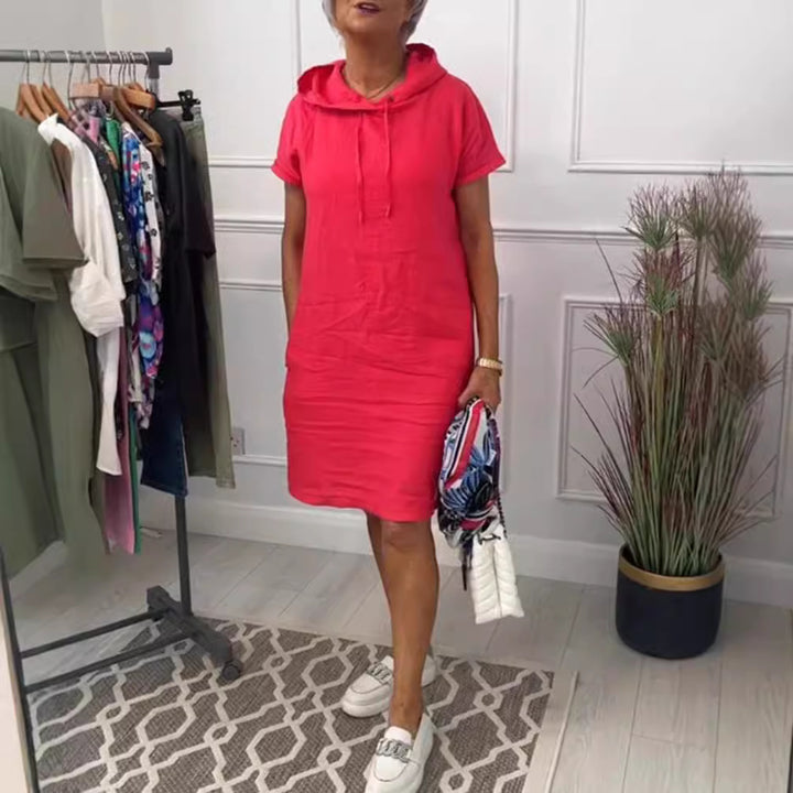 Women's casual hooded midi dress with short sleeves and straight relaxed fit Mune Fashion