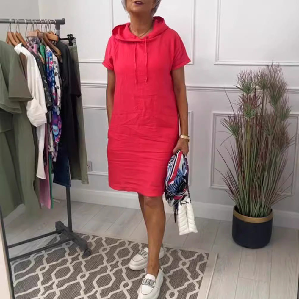 Women's nan legeres hooded dress with short sleeves, straight cut and drawstring Mune Fashion