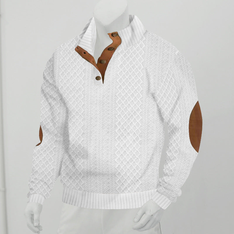 Men's Structured Cable Knit Henley Sweater with Leather Patch on Elbows & Placket Mune Fashion