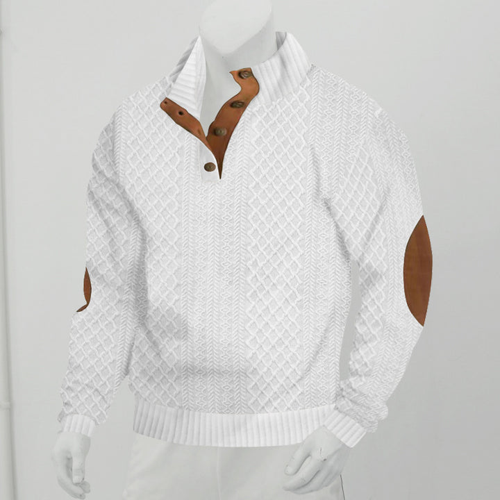 Men's Structured Cable Knit Henley Sweater with Leather Patch on Elbows & Placket Mune Fashion