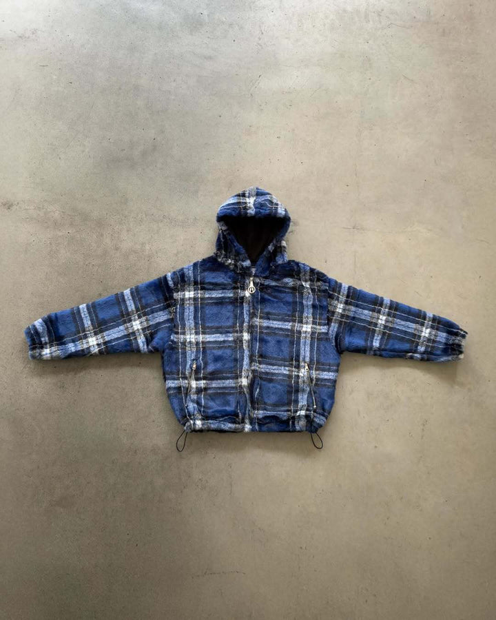 Unisex non-padded plaid fleece bomber jacket with hood drawstring and zippered pockets Mune Fashion