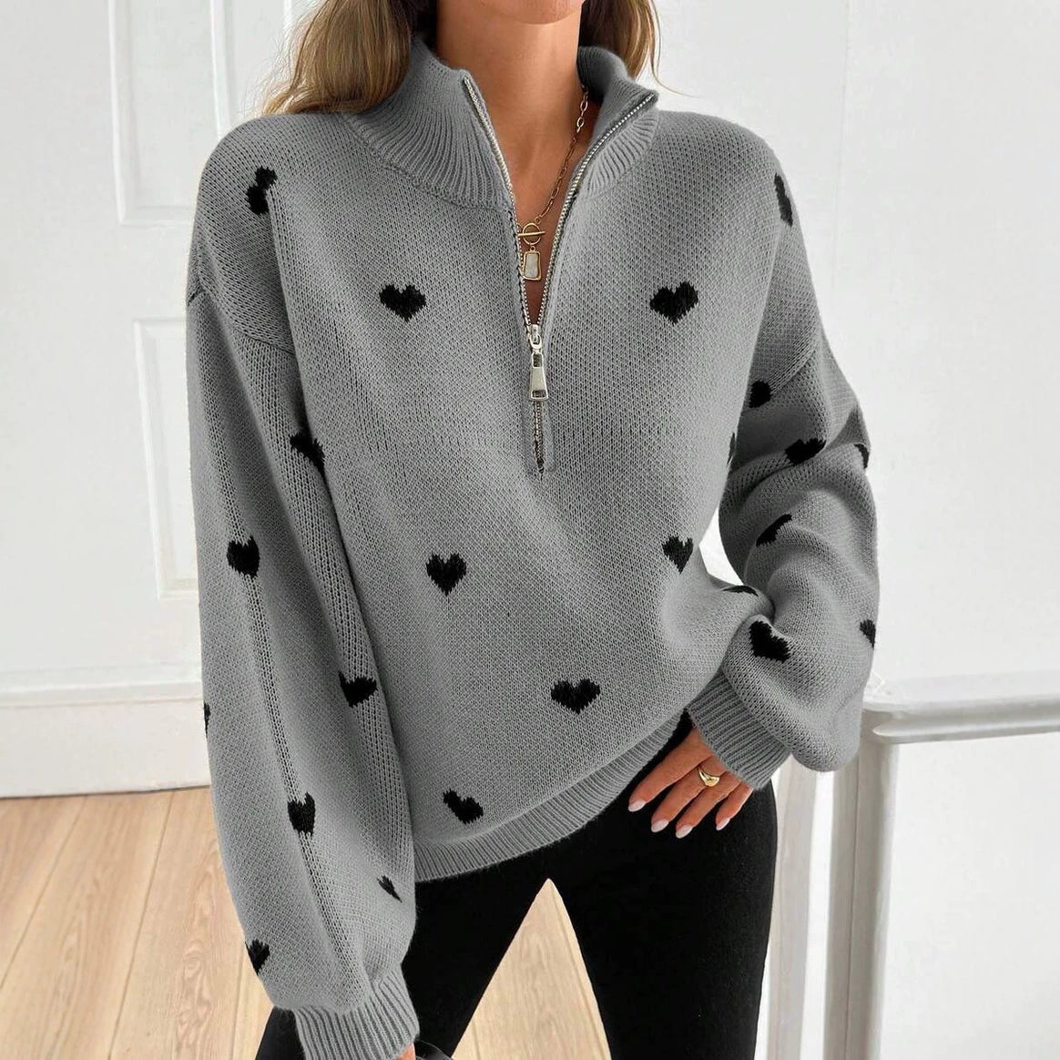 Women's Oversized Knit Sweater with Half-Zip and Heart Design Mune Fashion