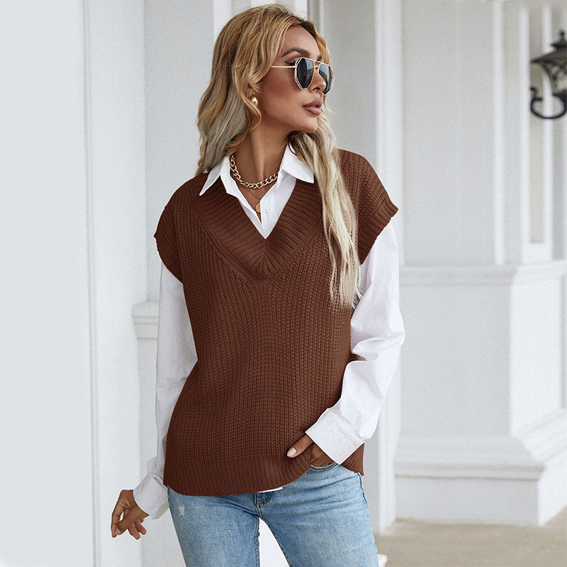 Women's Chunky Knit Oversized Vest with Deep V-Neck and Ribbed Hem Mune Fashion