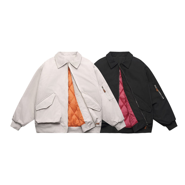 Unisex Short Cut Boxy Bomber Jacket with Quilted Contrast Lining, Utility Patch Pockets and Ribbed Hem Mune Fashion