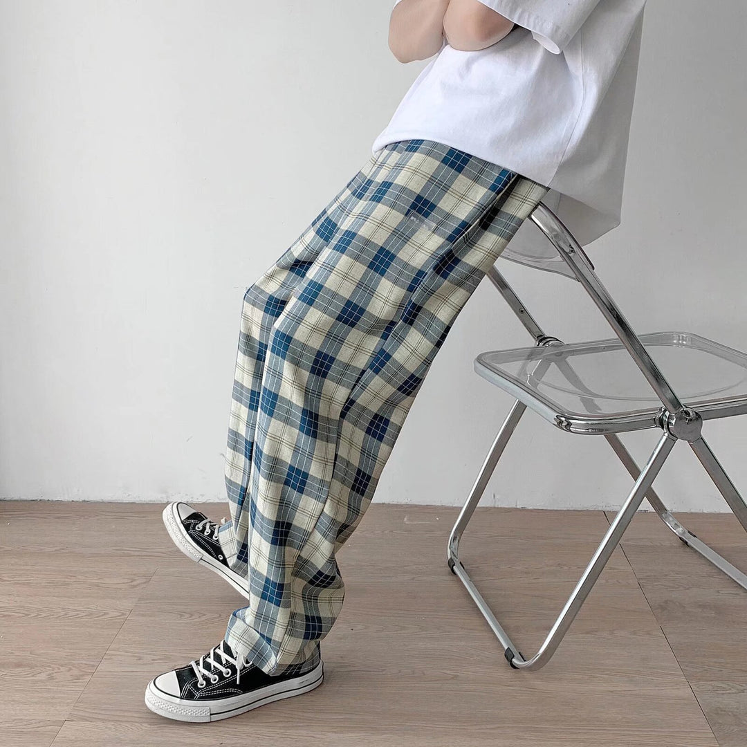 Men's Checkered Relaxed-Fit Pants with Drawstring and Straight Leg Mune Fashion