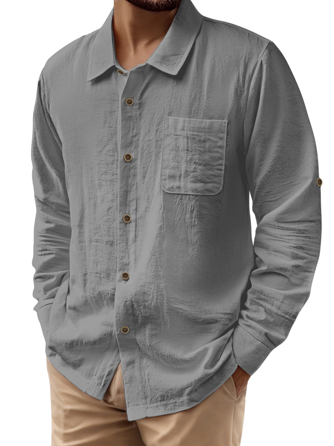 Men's casual long-sleeve shirt with Kent collar, chest pocket, and sleeve strap Mune Fashion