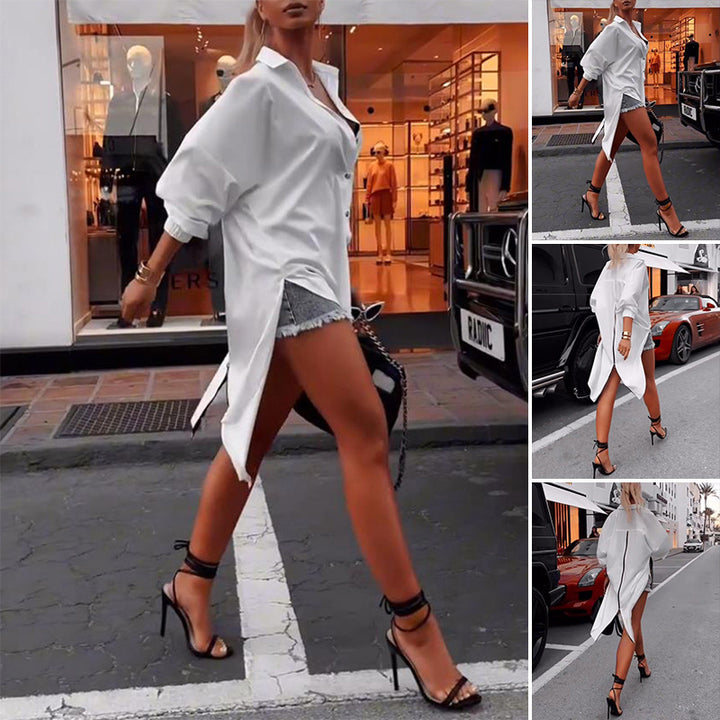 Ladies' oversized shirt dress with central back zipper, split tail hem, and elbow-length batwing sleeves Mune Fashion