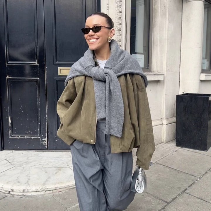 Women's Short Boxy Jacket in Oversized Suede Look with Balloon Hem Mune Fashion