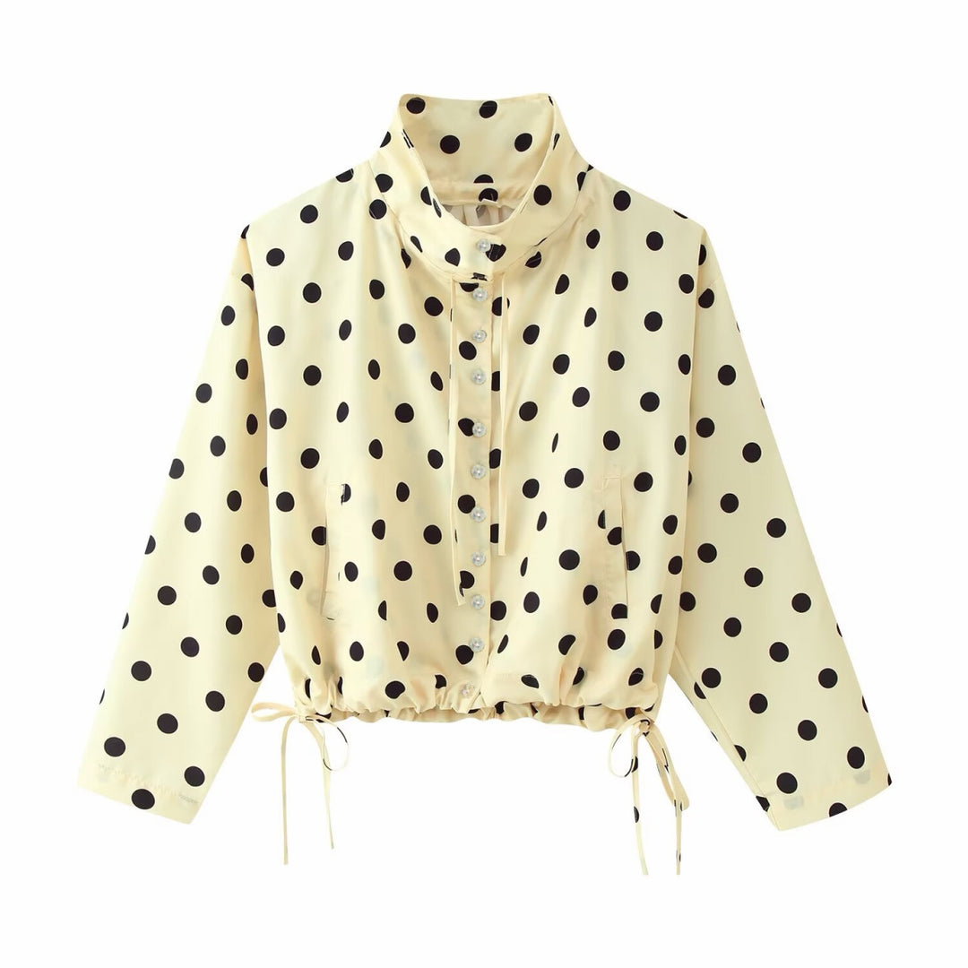Women's Polka Dot Cropped Blouse with Stand Collar and Drawstring Hem Mune Fashion