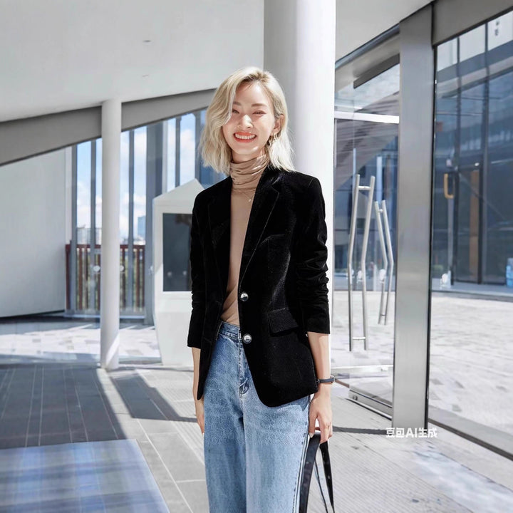 Women's narrow-cut velvet blazer with extended hem, flap pockets, and polished buttons Mune Fashion
