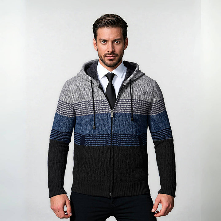 Men's hooded knit zip jacket with gradient block stripe pattern and thermal structure Mune Fashion