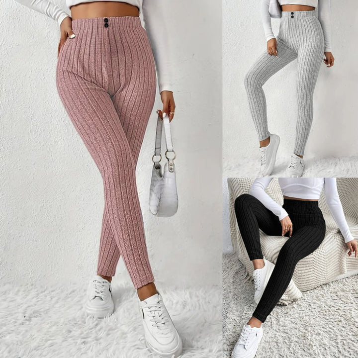 Women High-waisted Ribbed Knit Leggings with Elastic Waistband Mune Fashion