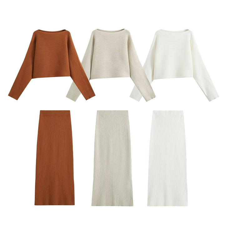Women's Ribbed Knit Two-Piece Set with Short Bateau Sweater and Fitted Midi Skirt Drune