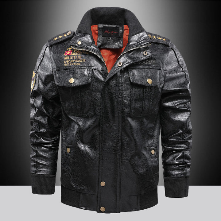 Men's Urban Pilot Leather Jacket in Military Look with Stand-up Collar and Shoulder Epaulettes Mune Fashion