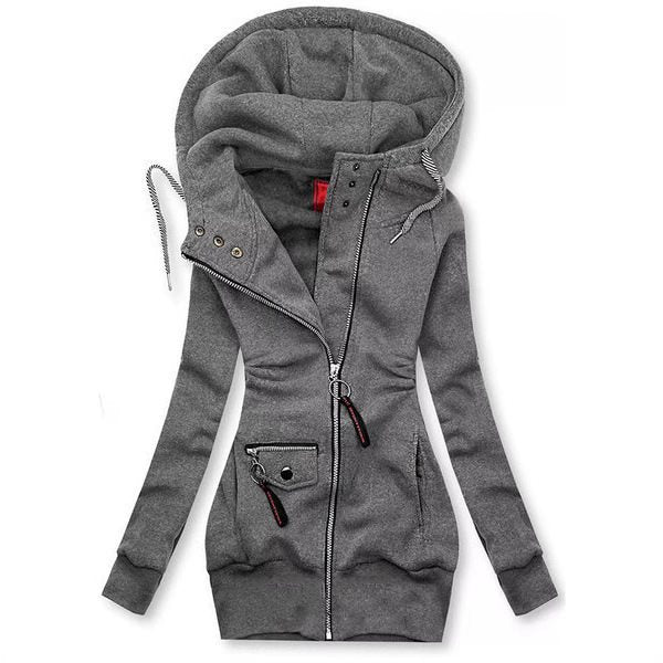 Women's Long Hooded Jacket with Asymmetrical Zipper and Zip Pocket Mune Fashion