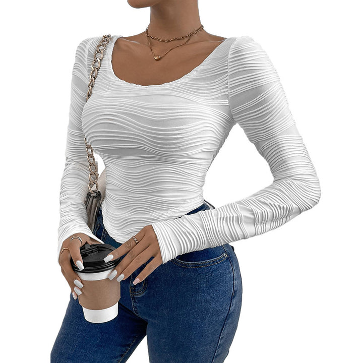 Women's Fitted Structured Long Sleeve Shirt with Wave Structure and U-Neck Mune Fashion