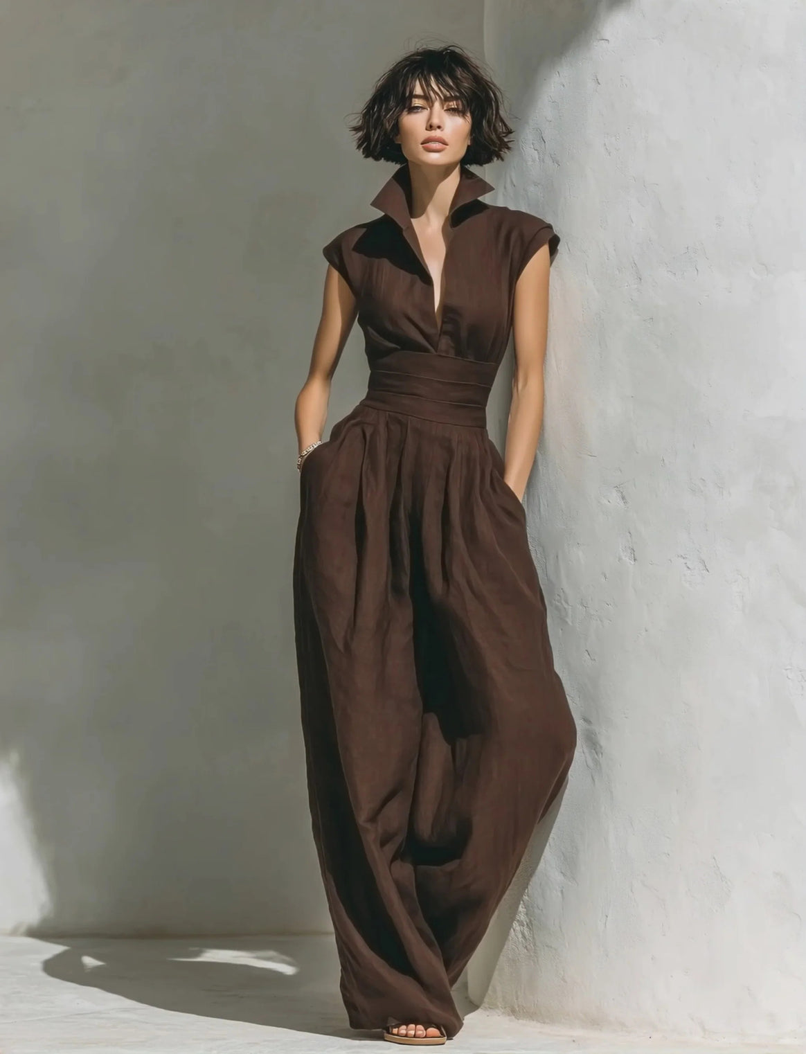 Women's jumpsuit with wide leg, tailored wrap waistband and standing collar Mune Fashion