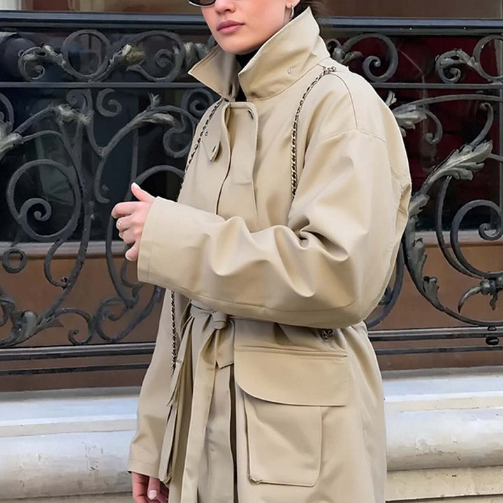 Women's Tailored Transition Jacket with Stand Collar, Shoulder Cape and Belt Mune Fashion
