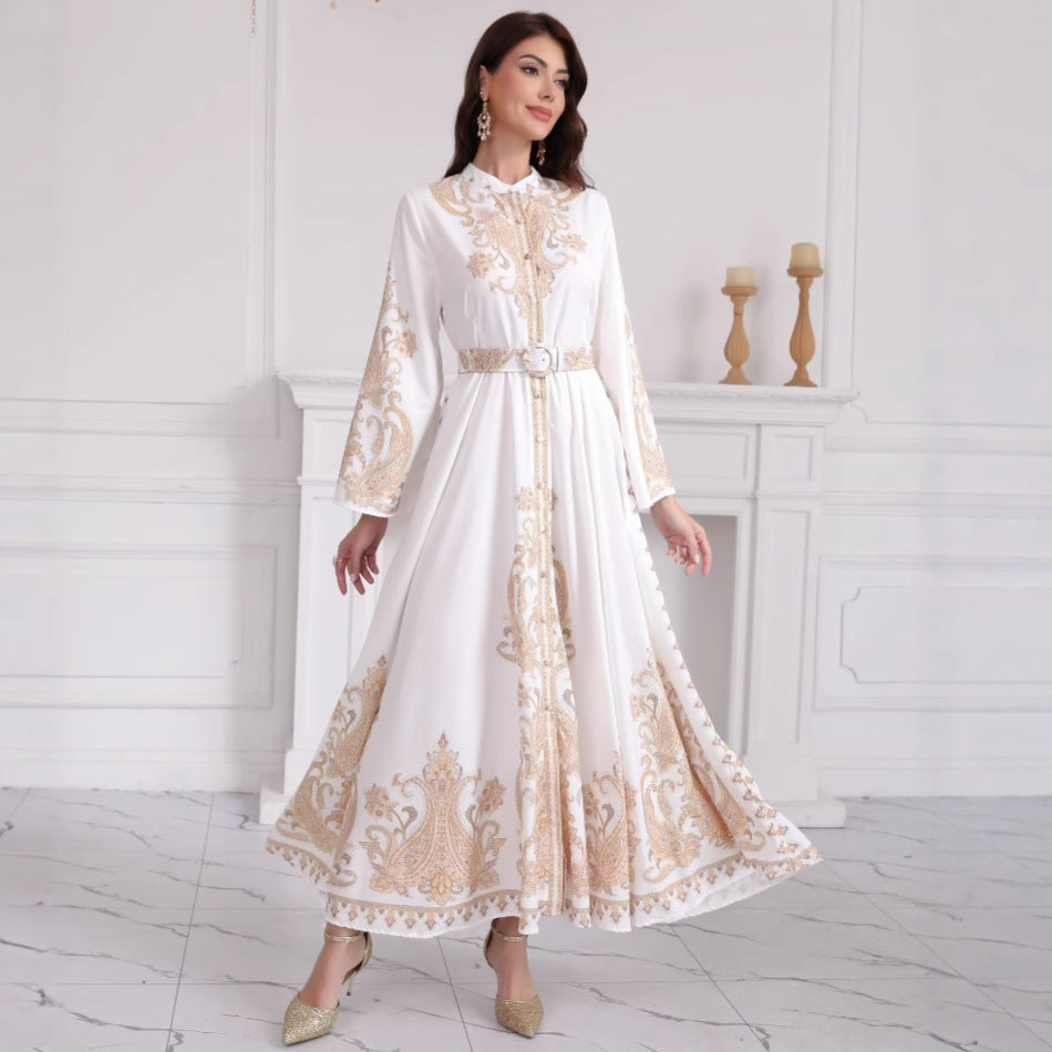 Women's Embroidered Maxi Dress with Stand-Up Collar, Waist Belt and Oriental Paisley Pattern Mune Fashion