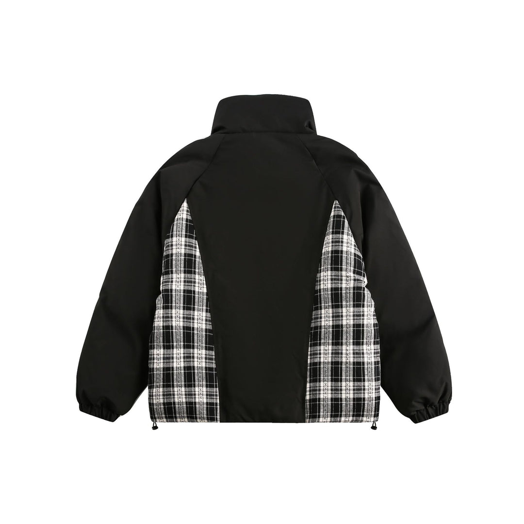 Unisex Oversize Stand Collar Puffer Jacket with Checked Insert Panel and Utility Pockets Mune Fashion