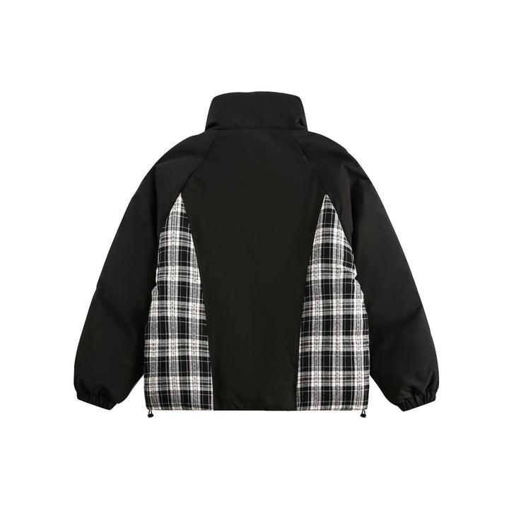 Unisex Oversize Stand Collar Puffer Jacket with Checked Insert Panel and Utility Pockets Mune Fashion