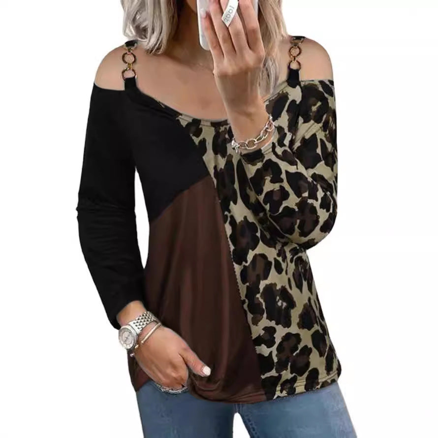 Women Off-Shoulder Patchwork Long Sleeve with Leopard Print and Ring Detail Strap Mune Fashion