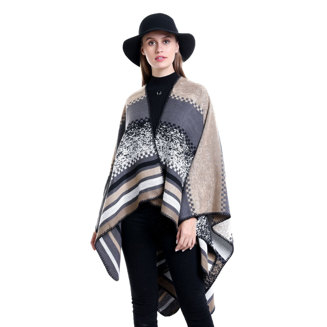 Women's Chunky Knit Oversized Ruana with Graphic Block Pattern and Asymmetrical Pointed Hem Mune Fashion