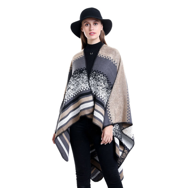 Women's Chunky Knit Oversized Ruana with Graphic Block Pattern and Asymmetrical Pointed Hem Mune Fashion