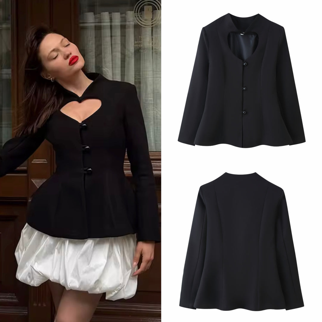 Women's Tailored Short Blazer with Heart-Shaped Neckline and Peplum Mune Fashion