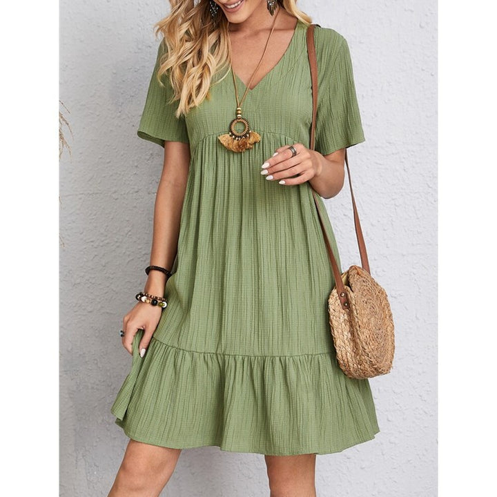 Ladies Nan Crepe Short Dress with V-Neck, Gathered Empire Seam and Ruffled Hem Mune Fashion
