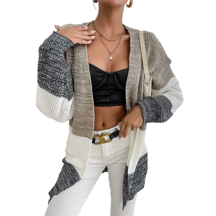 Women's Oversize Knit Cardigan with Color Block Stitch Pattern and Open Front Mune Fashion