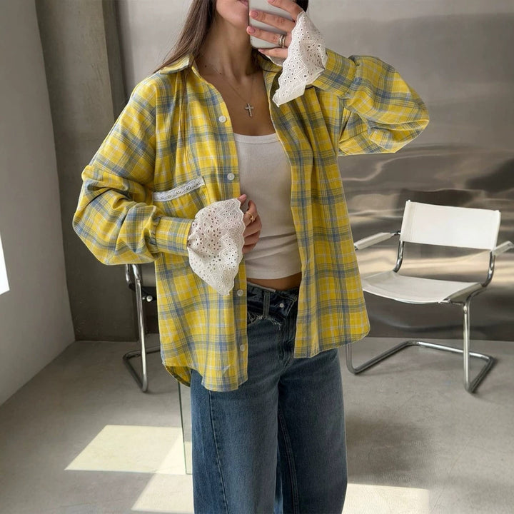 Women’s Oversize Checked Flannel Shirt with Lace Cuffs and Decorative Piping Mune Fashion