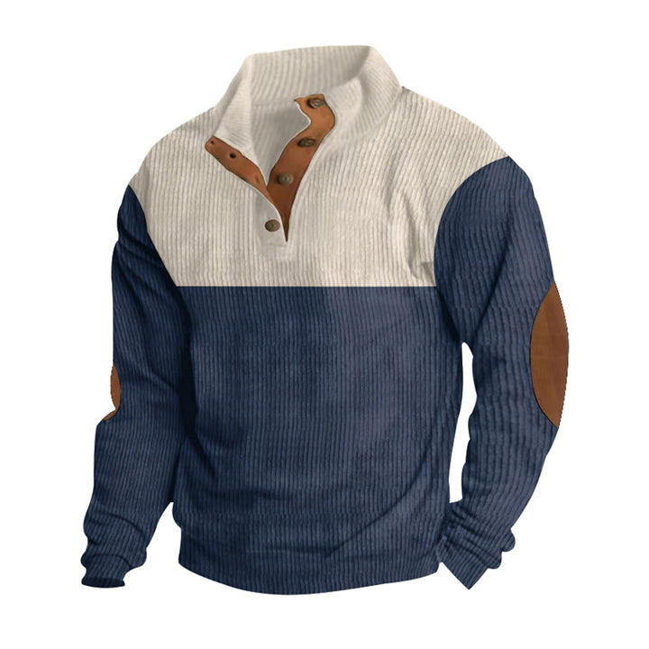 Men's ribbed pullover with stand-up collar, button placket, and elbow patches Mune Fashion