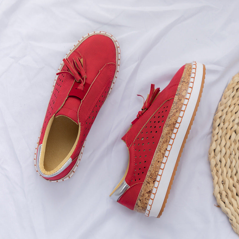 Women's Nano Perforated Slip-On Sneakers with Tassels, Cork Platform, and Decorative Hand Stitching Mune Fashion