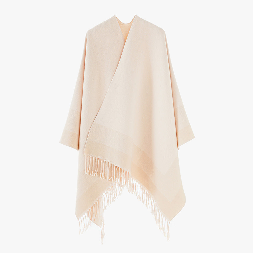 Women's Rectangular Wool Blend Poncho with Open Front, Fine Overlock Stitching and Fringed Hem Mune Fashion