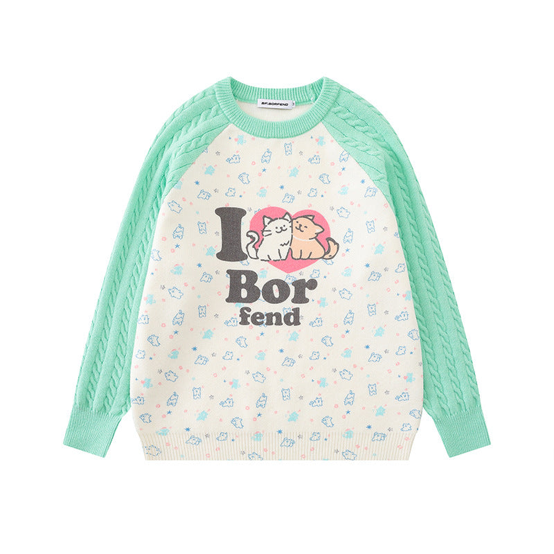 Women's knitted sweater with raglan sleeves, cable pattern sleeves and cartoon cat front print Mune Fashion