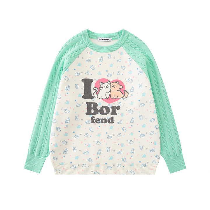 Women's knitted sweater with raglan sleeves, cable pattern sleeves and cartoon cat front print Mune Fashion