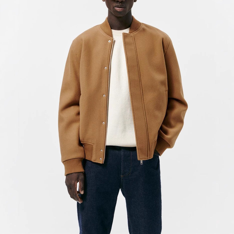 Men's bomber jacket made of wool blend in boxy cut with concealed snap button placket and ribbed cuffs Mune Fashion