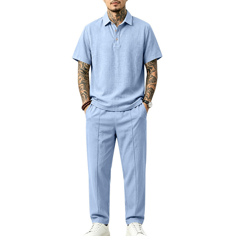 Men's Lightweight Linen Look Loungewear Set with Polo Collar and Pleats Mune Fashion
