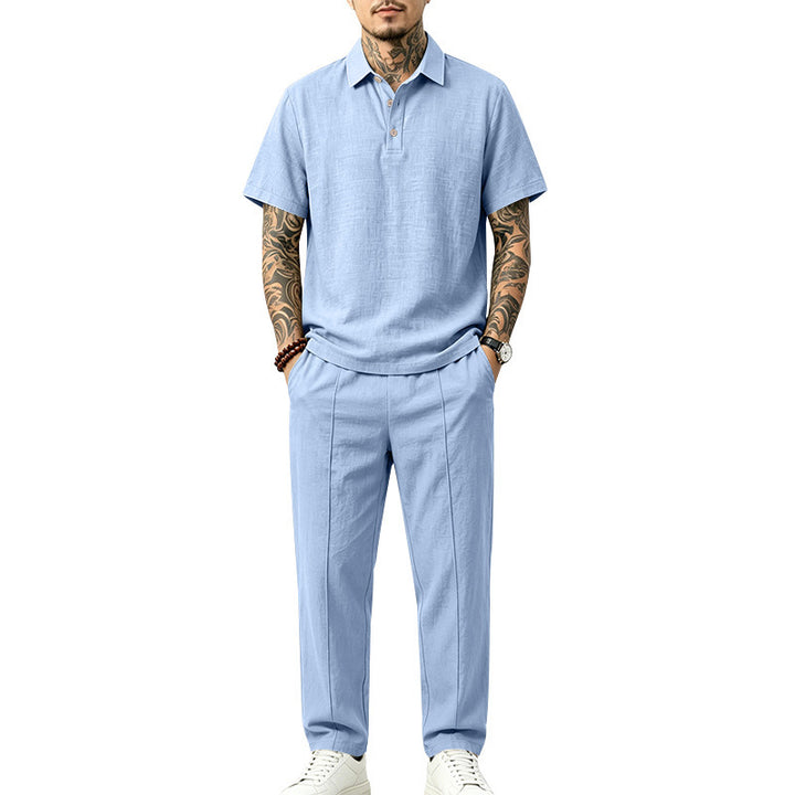 Men's Lightweight Linen Look Loungewear Set with Polo Collar and Pleats Mune Fashion