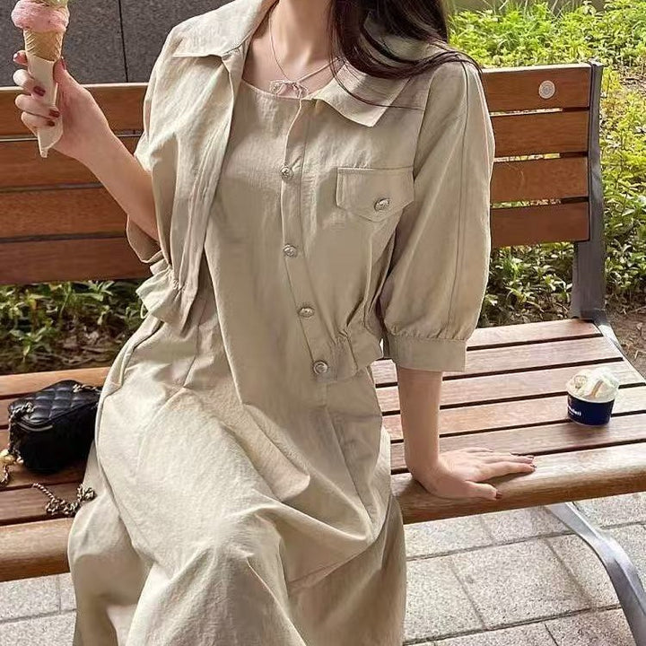 Women's Two-Piece Linen Look Midi Dress with Short Jacket, Fitted with Elastic Waist and Puff Sleeves Mune Fashion